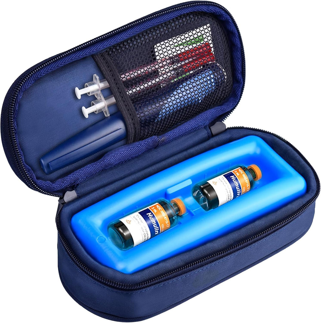 Cruxer insulin vial cooler travel case front view showing blue insulated bag with hand strap.