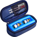 Cruxer insulin vial cooler travel case front view showing blue insulated bag with hand strap.