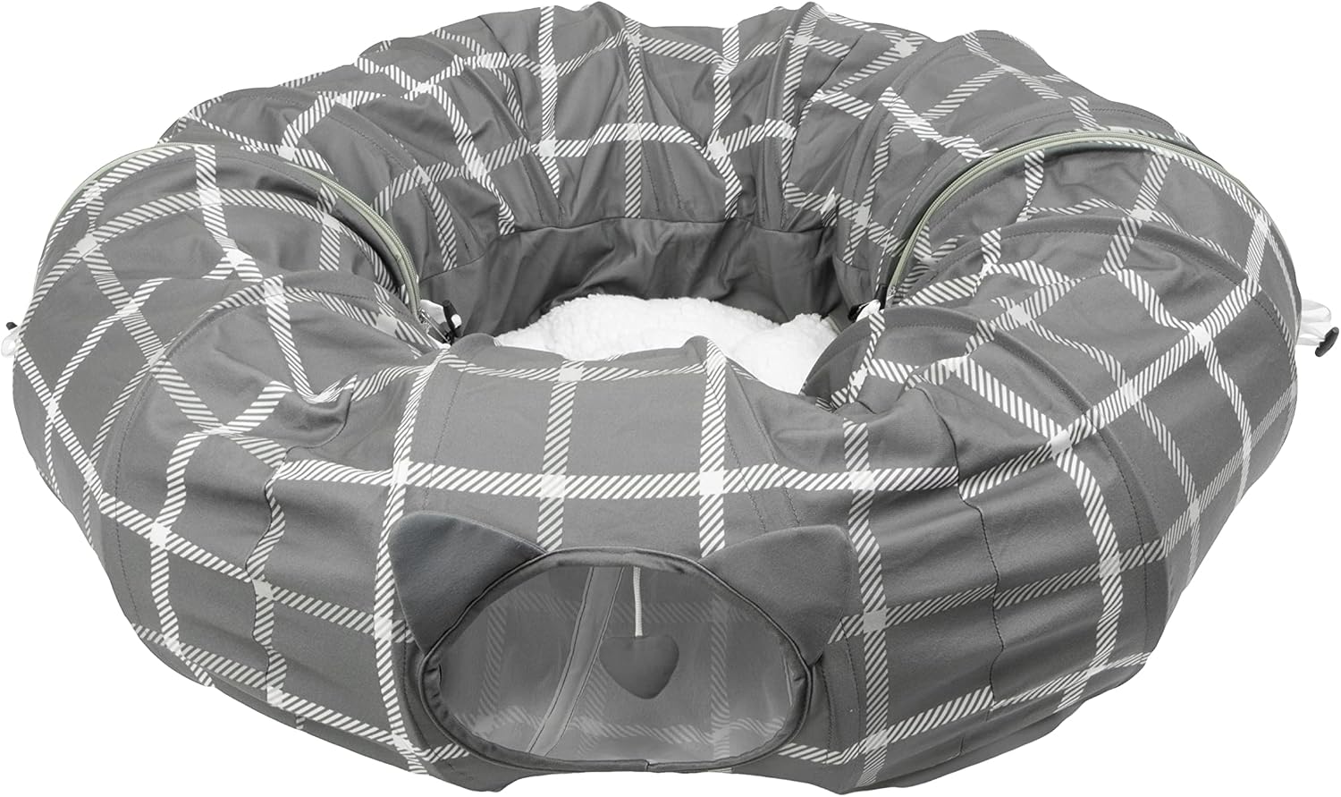 Kitty City Large Cat Tunnel Bed, 2-in-1 Zip-Together Cat Play Tunnel & Plush Nap Bed, Pop-Up Indoor Cat Toy with Hanging Toys, Collapsible Design - White - Image 9