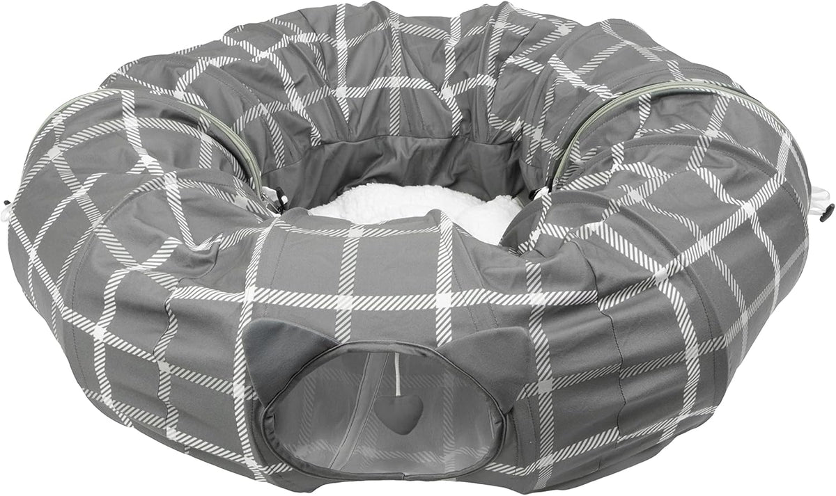 Kitty City Large Cat Tunnel Bed, 2-in-1 Zip-Together Cat Play Tunnel & Plush Nap Bed, Pop-Up Indoor Cat Toy with Hanging Toys, Collapsible Design - White - Image 9