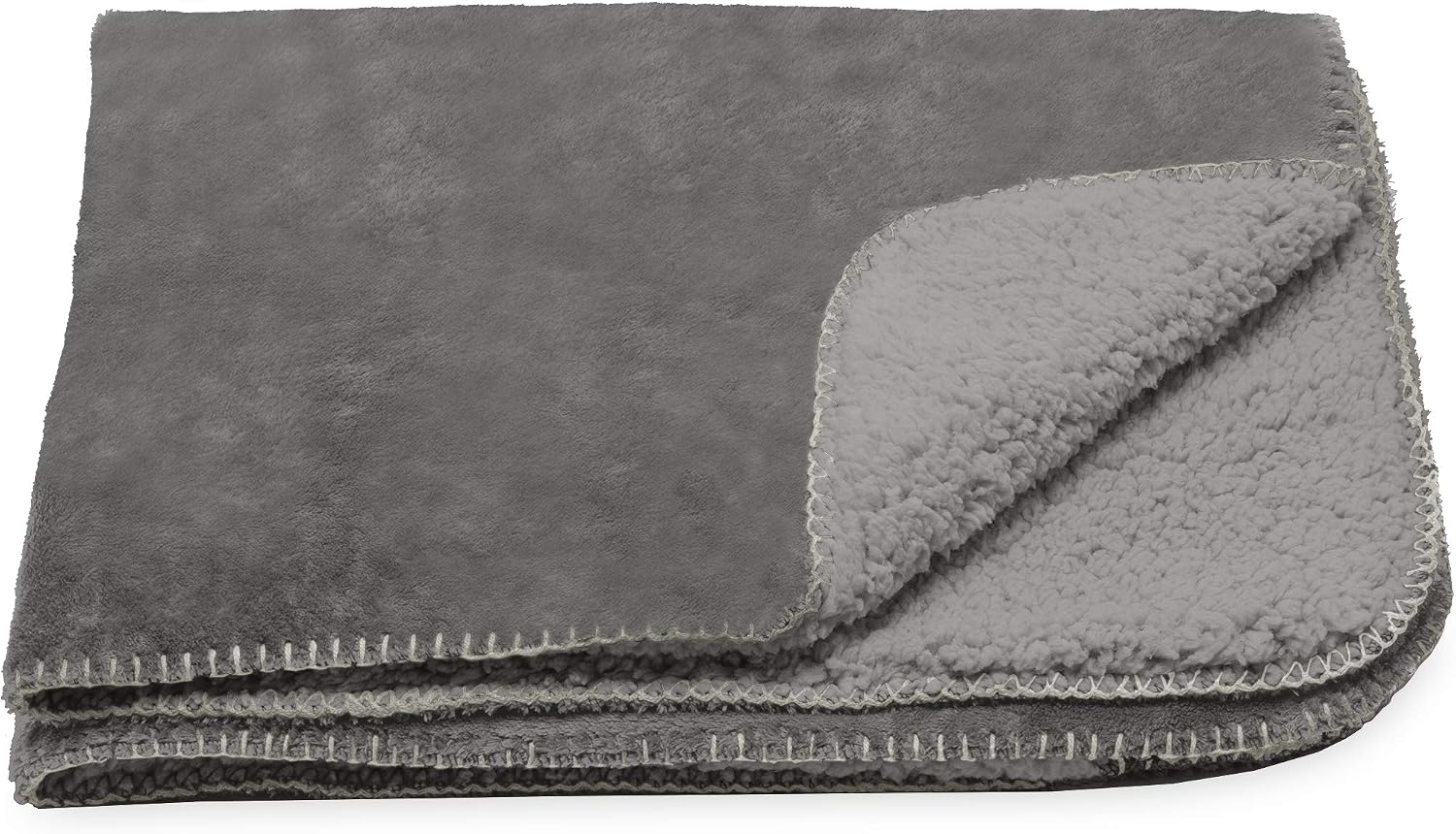 Close up view of the durable blanket stitch accent on the Furhaven throw