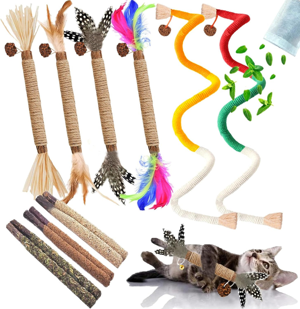 Durable cat teaser wand made from natural wood and rope