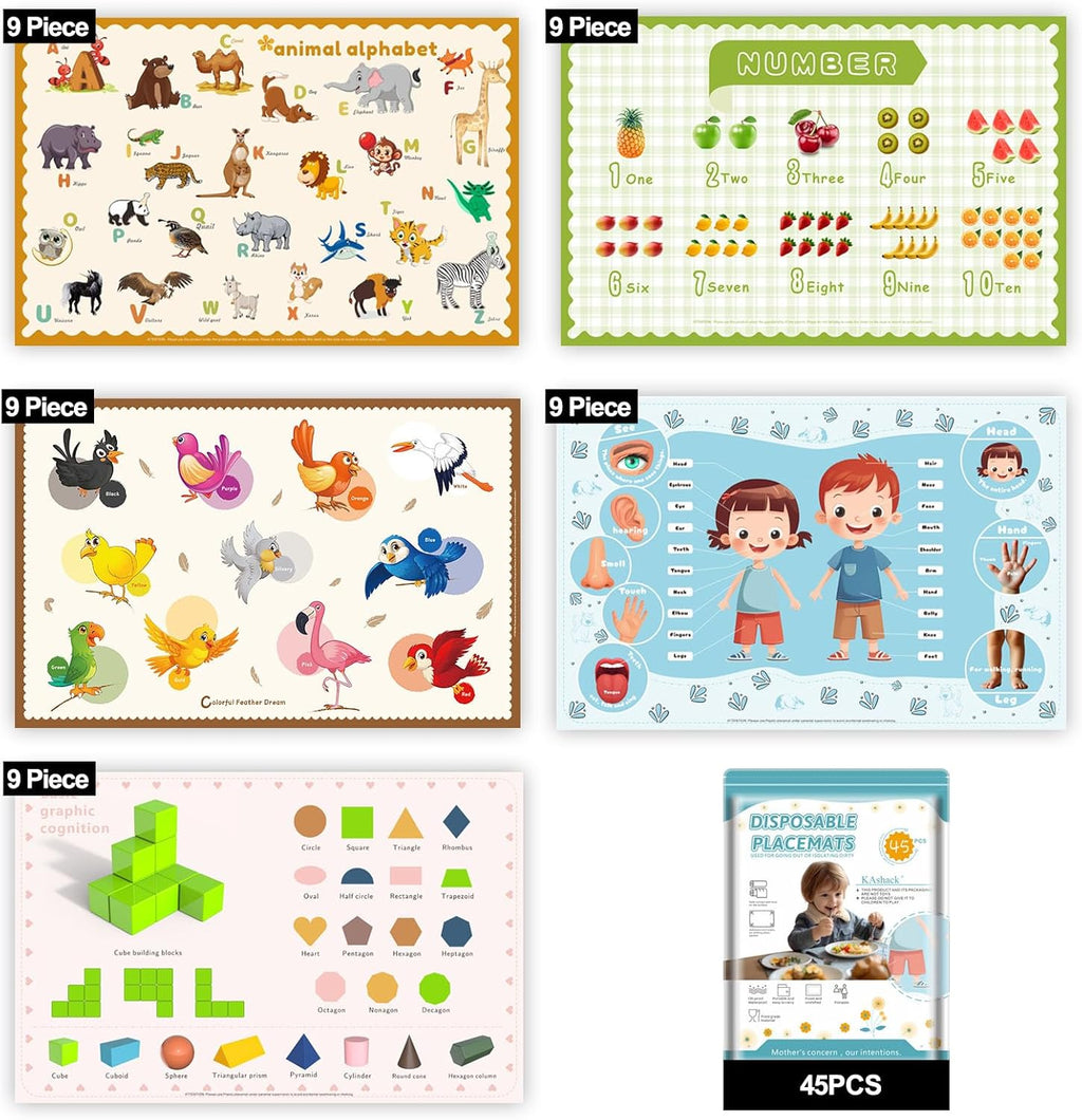 KAshack sticky disposable placemats 45 pack front view showing toddler dining setup