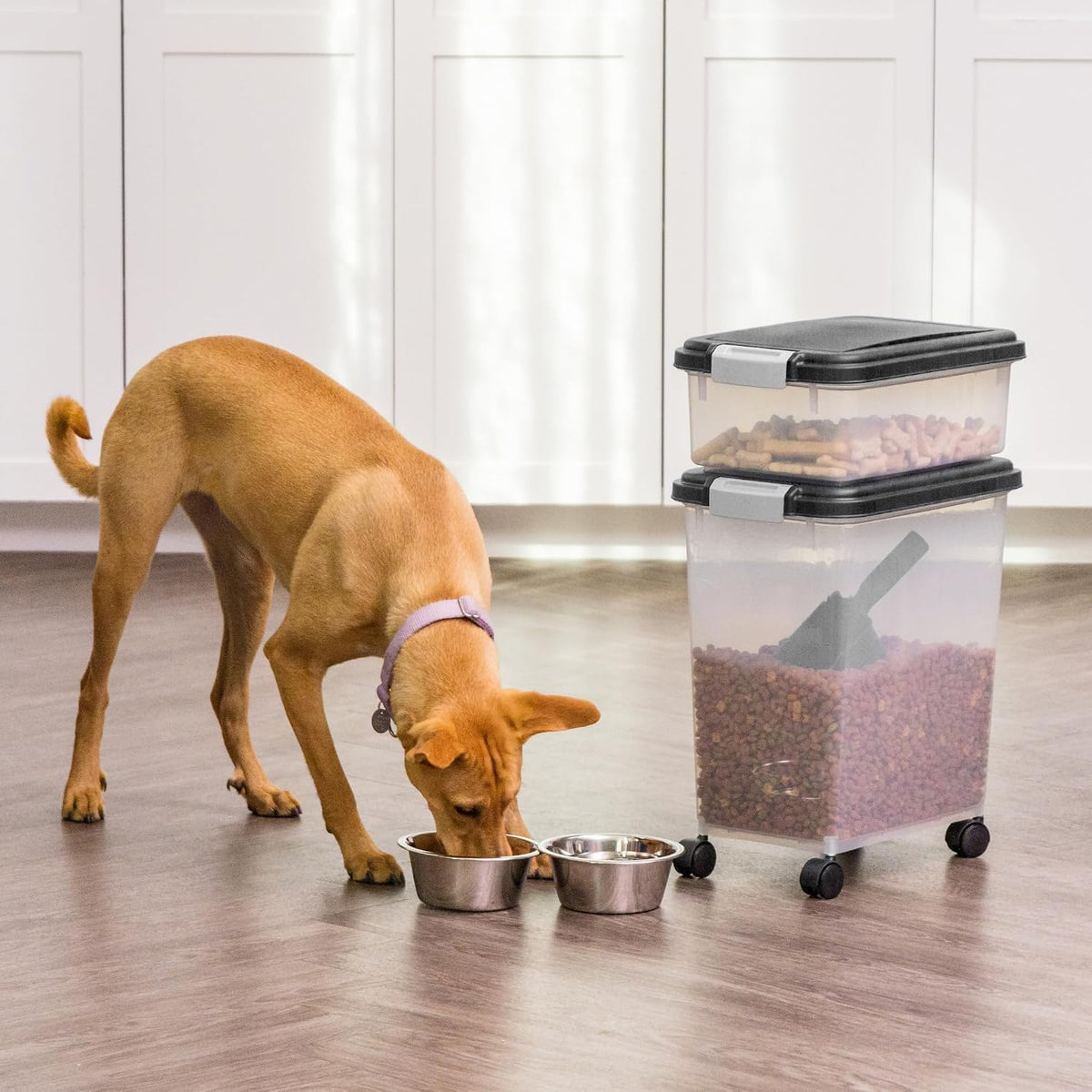 IRIS USA Dog Food Storage Container 30 lb + 11lb Airtight Combo, Stackable Pet Food Storage Bin with Wheels for Cat Dog Food, BPA Free, Made in USA, Black - Image 9