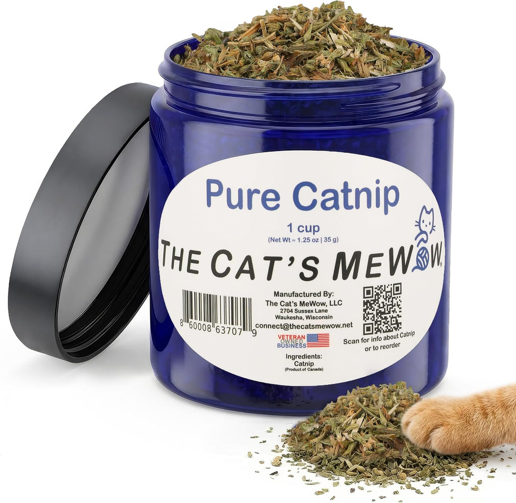 The Cat's MeWow 100 percent pure catnip front view jar for cat enrichment