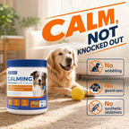 Natural sleep aid supplements for dogs with melatonin and chamomile ingredients label.