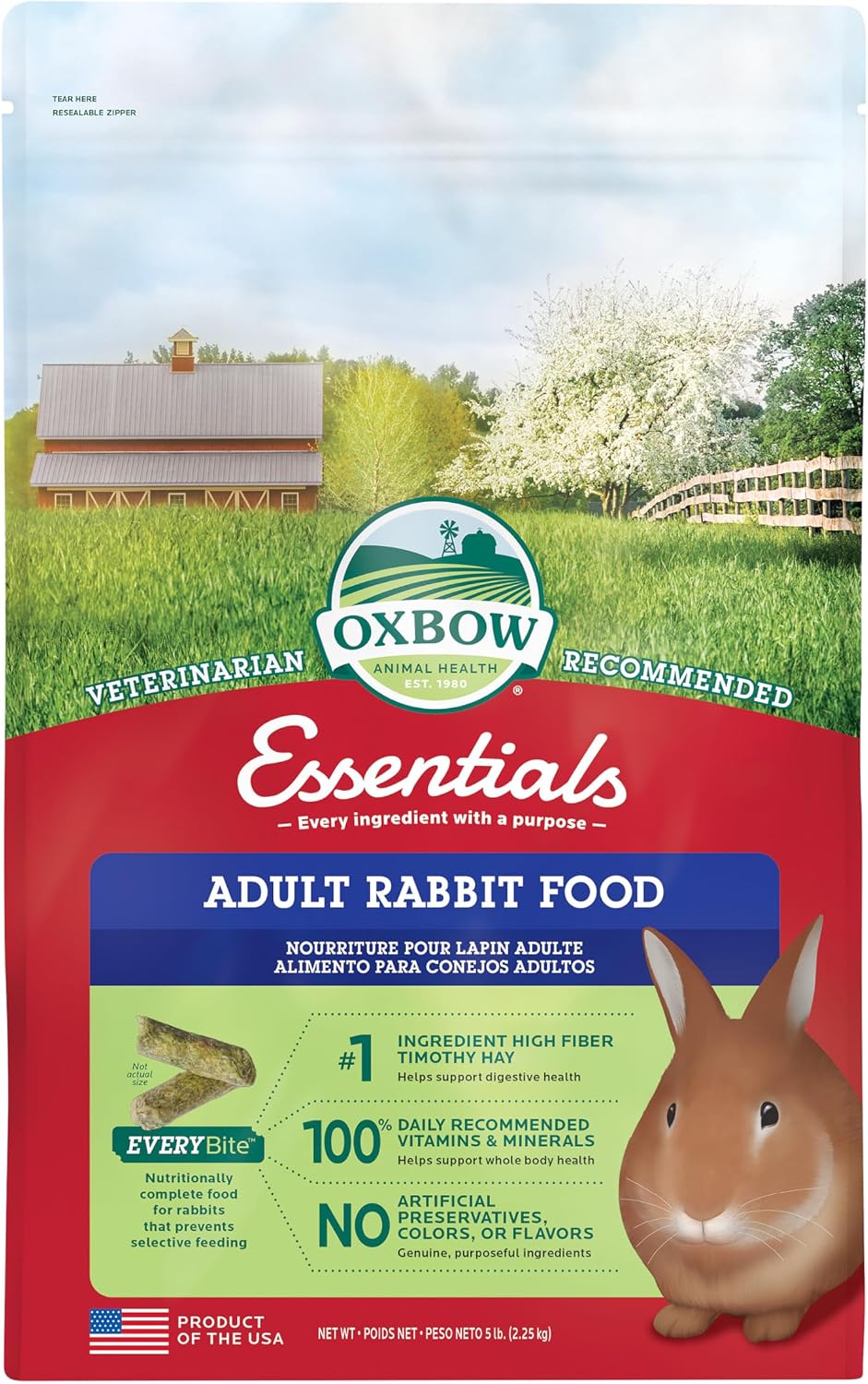 Oxbow Essentials Adult Rabbit Food front view of five pound bag