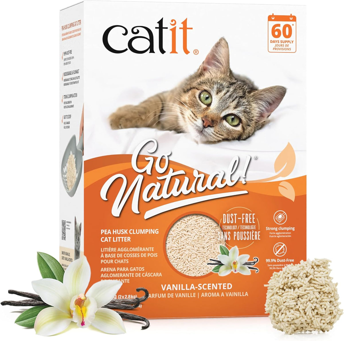 Catit pea husk clumping cat litter front view packaging box
