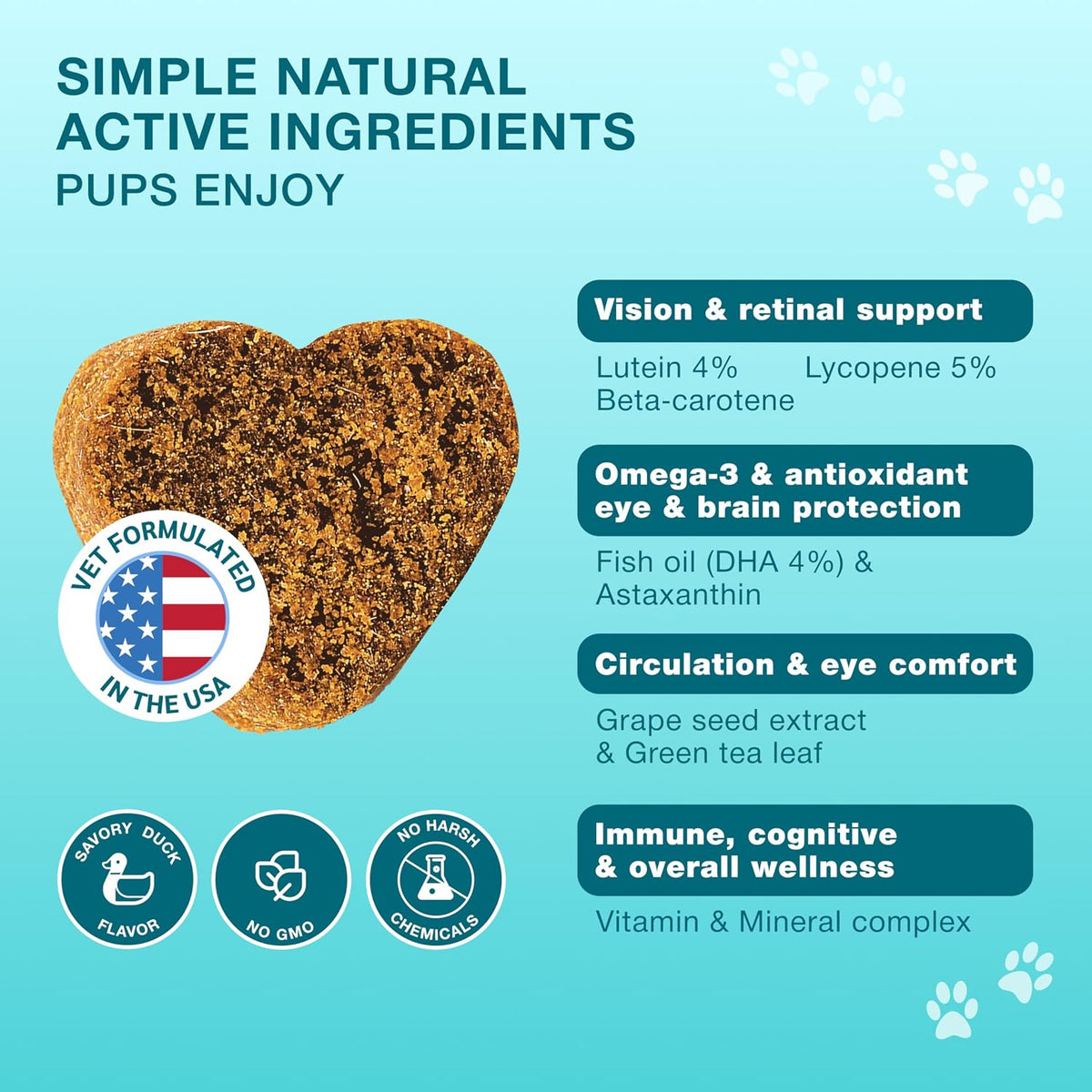 Clear Vision dog eye treats displaying key ingredients like lutein lycopene and carrot