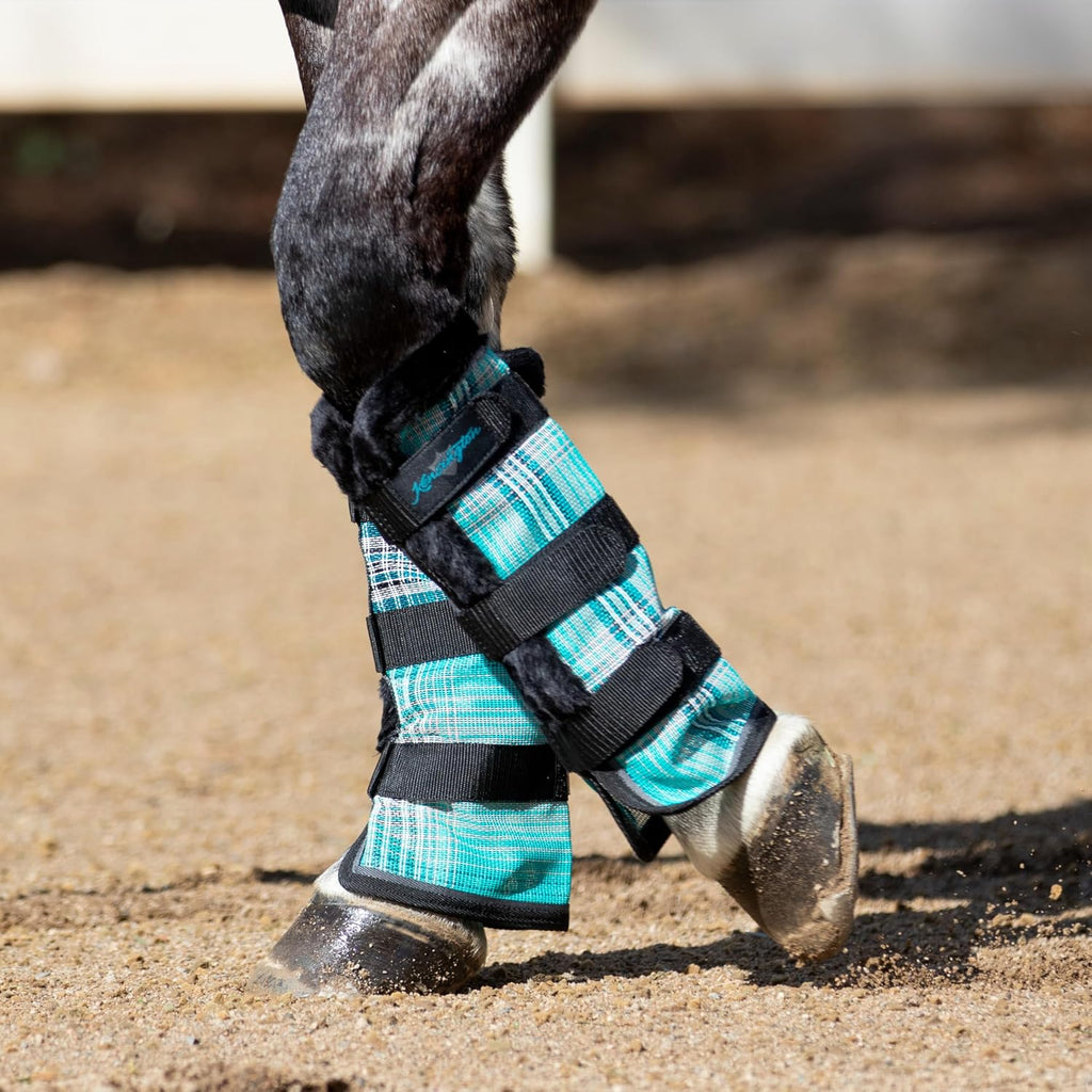 Close up of the adjustable hook and loop fasteners on Kensington horse boots