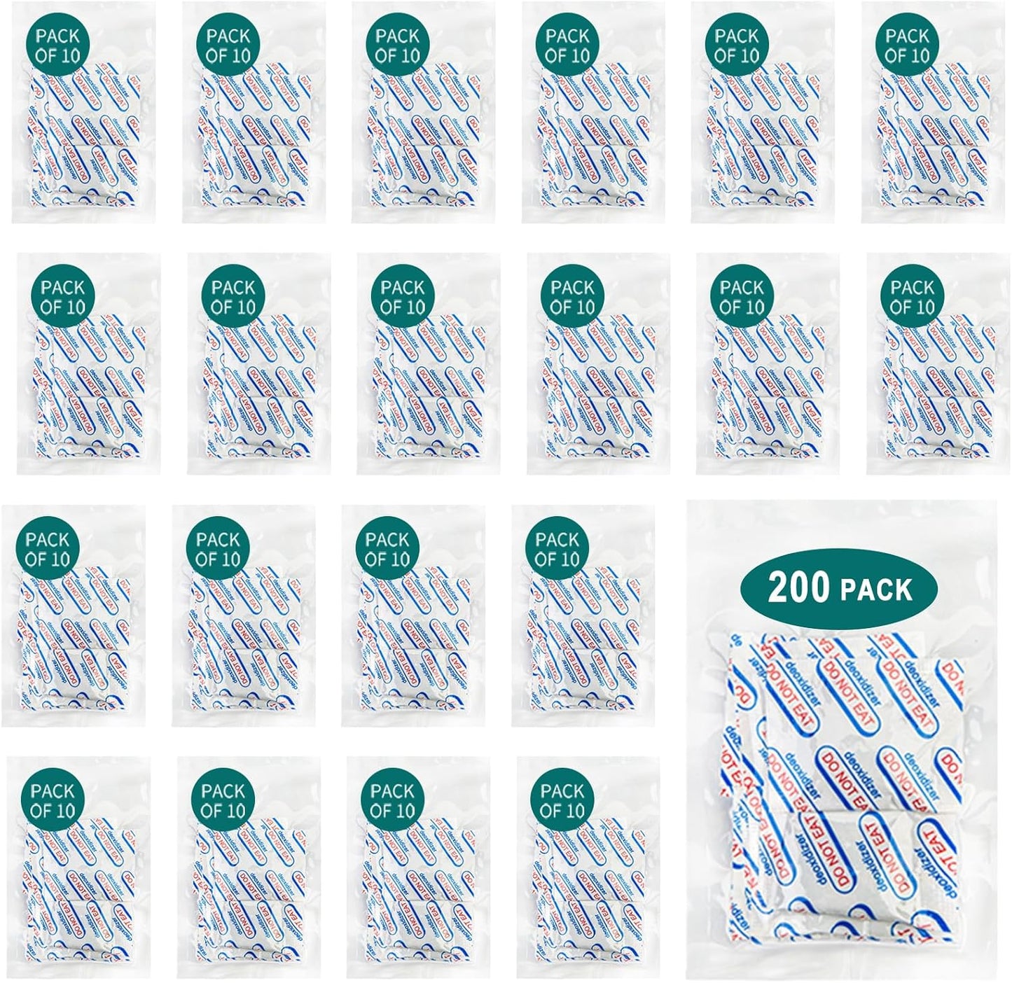 Hombao 200 Packs 200CC Oxygen Absorbers front view for long term food preservation.