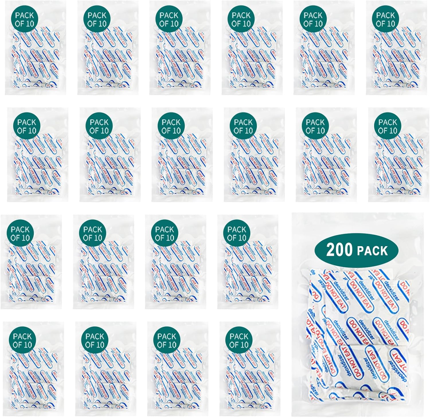 Hombao 200 Packs 200CC Oxygen Absorbers front view for long term food preservation.