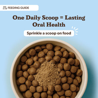 Daily postbiotic dog oral care supplement container showing the thirty day supply size