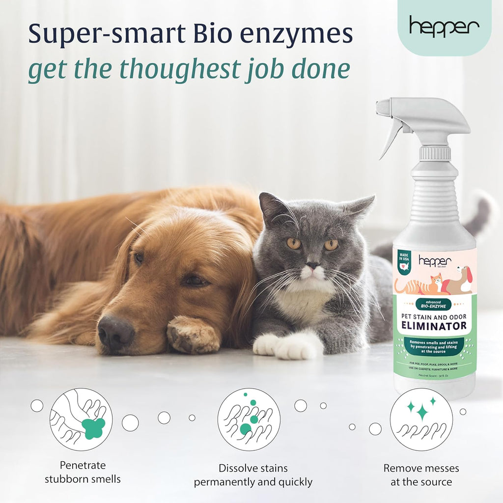 Hepper natural enzymatic pet cleaner spray being applied to remove carpet stains.