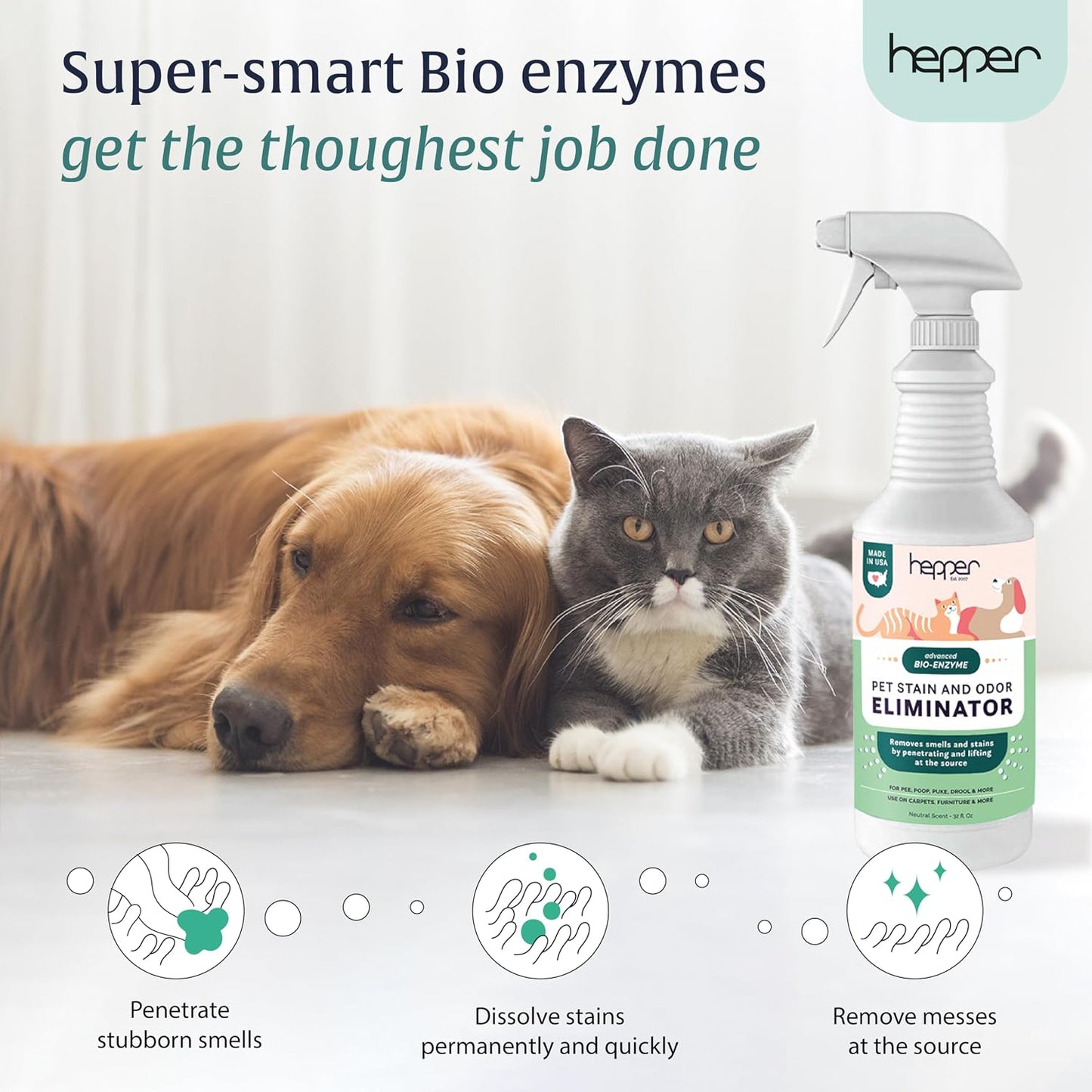 Hepper natural enzymatic pet cleaner spray being applied to remove carpet stains.