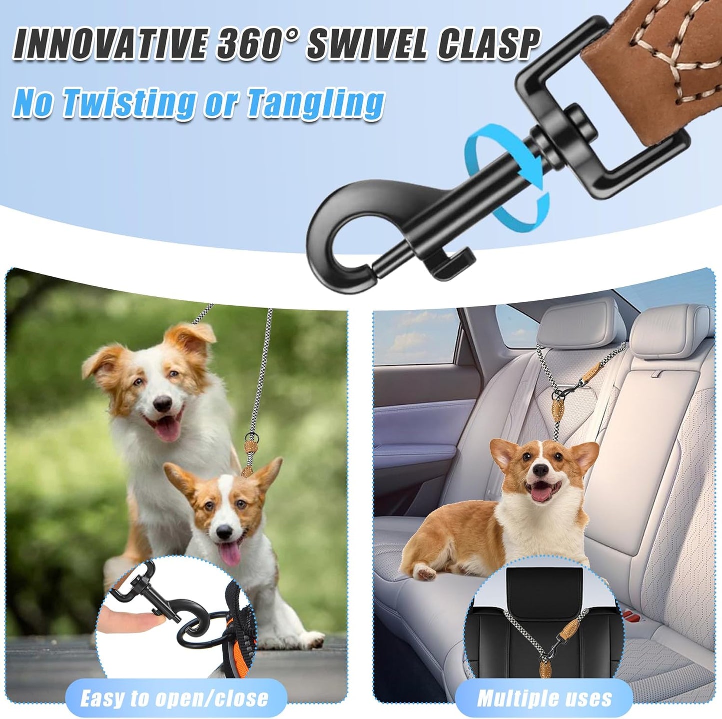 Mile High Life eight foot climbing rope leash demonstrating the three hundred and sixty degree swivel clasp