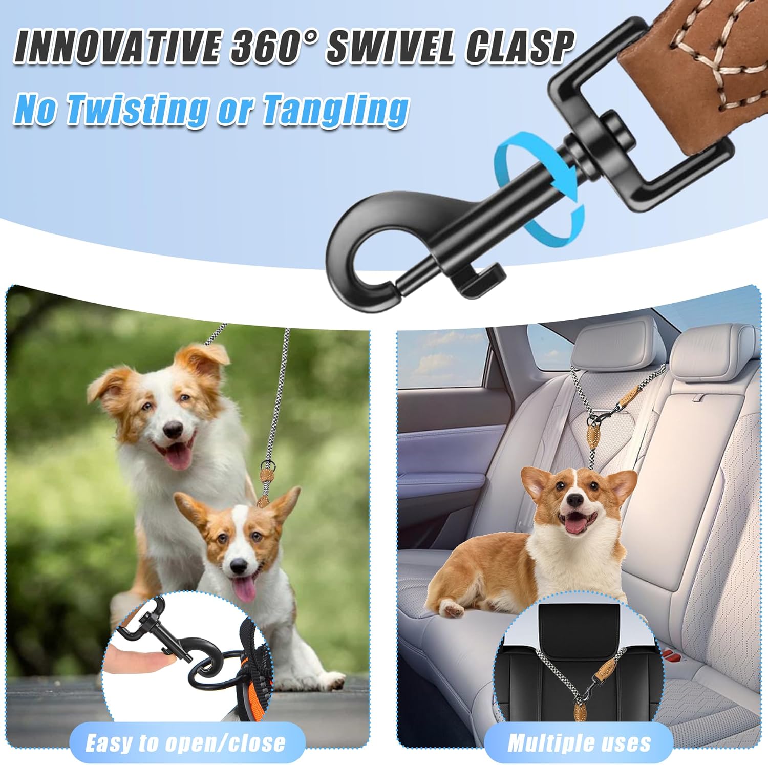 Mile High Life eight foot climbing rope leash demonstrating the three hundred and sixty degree swivel clasp