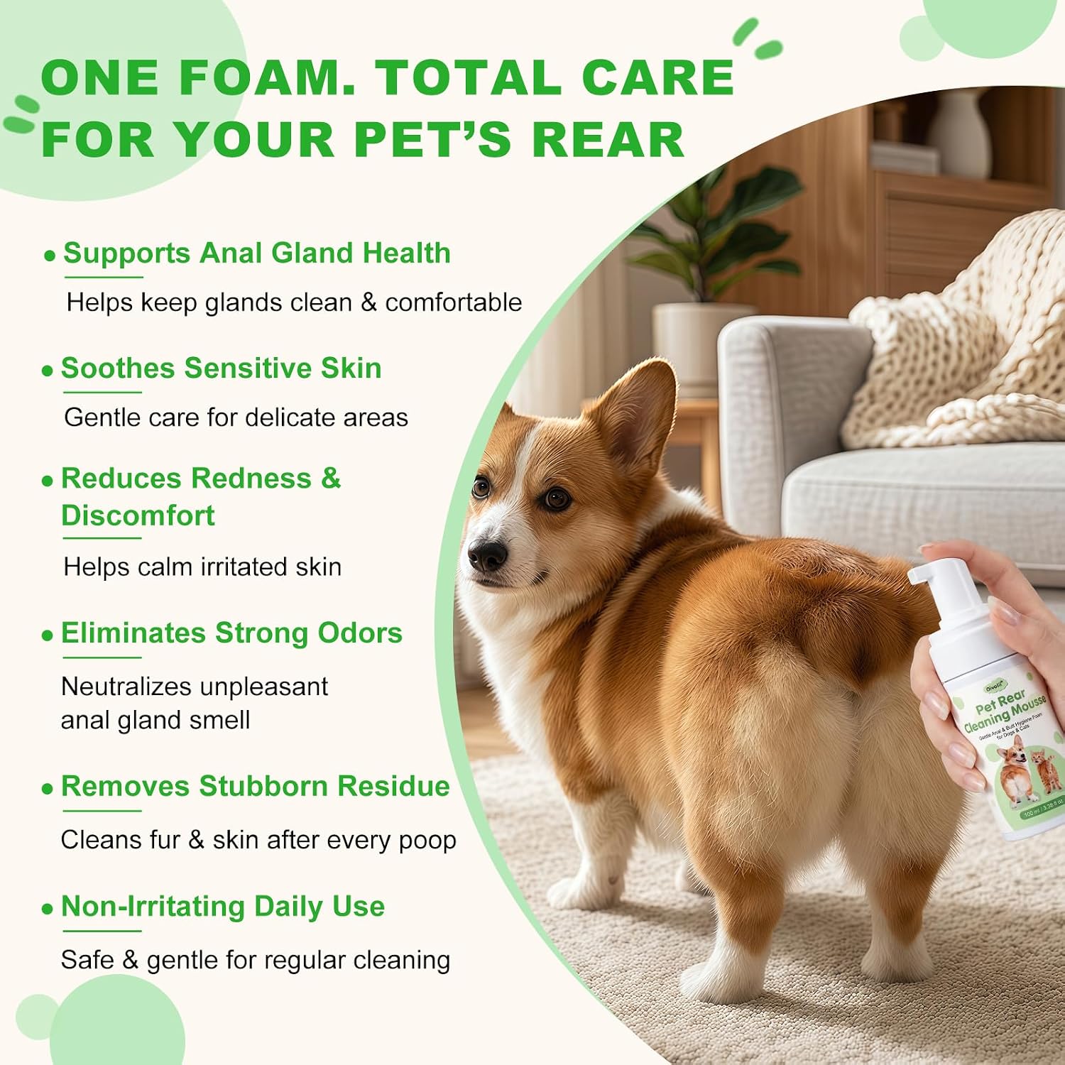 Oivolii no rinse deodorizing foam pumped onto a grooming cloth for pet hygiene