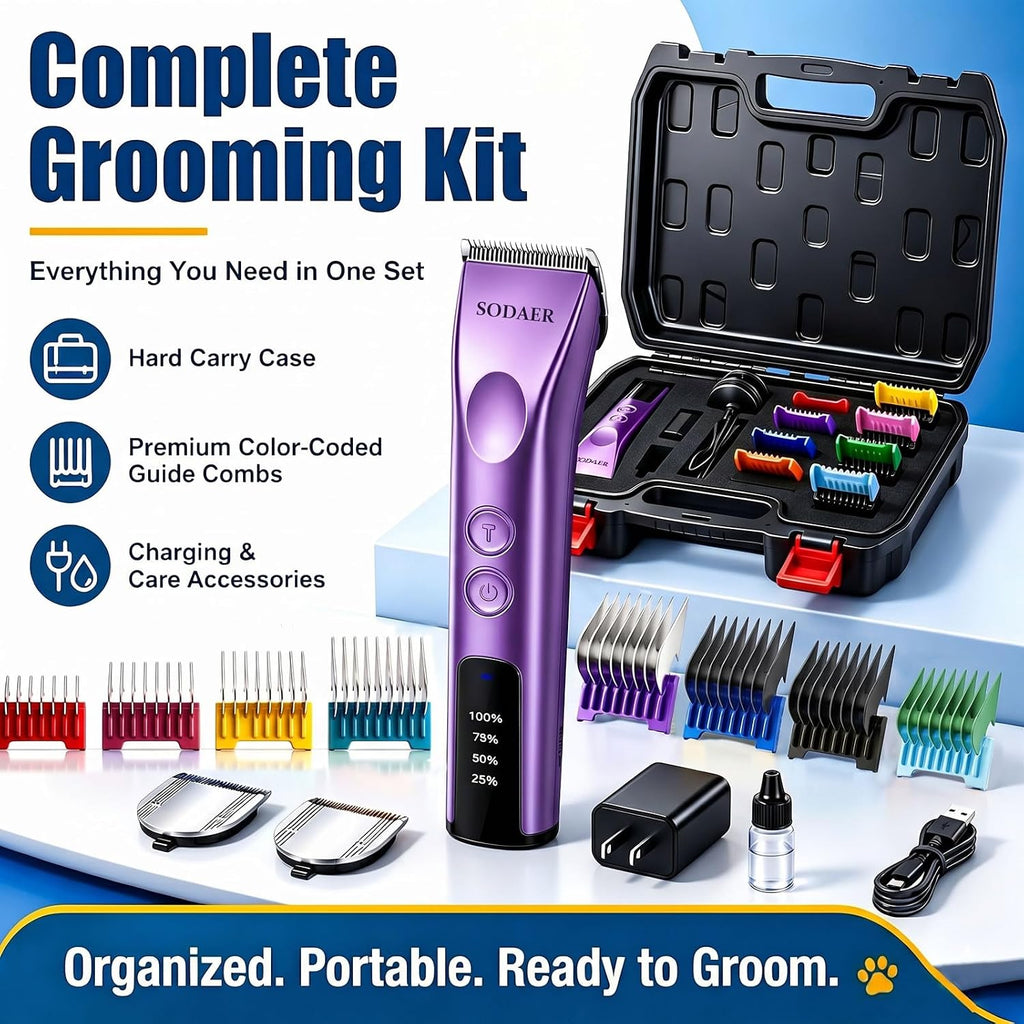 Purabelle rechargeable pet hair clipper angle view on professional grooming table.