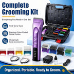 Purabelle rechargeable pet hair clipper angle view on professional grooming table.