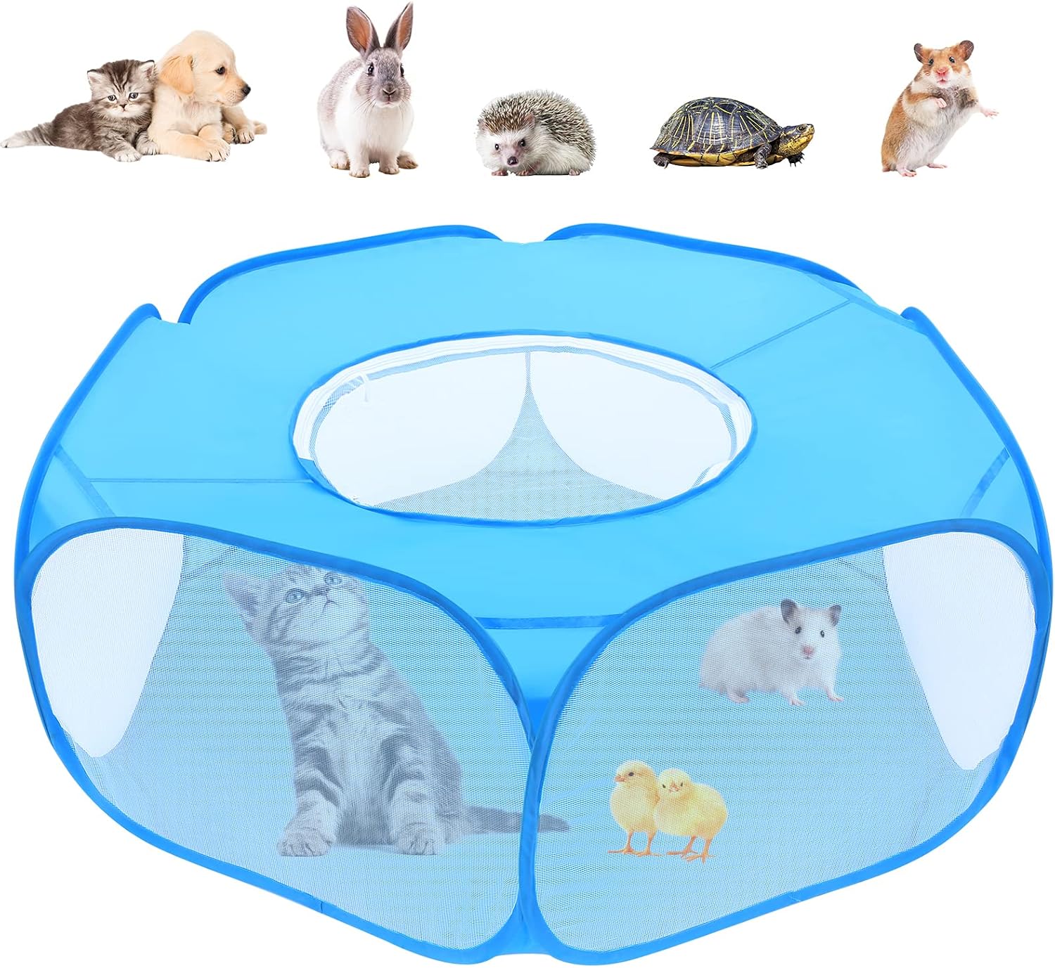 Small Animal Playpens with Top Cover, Foldable Breathable Small Pets Cage Tent Outdoor Indoor Portable Play Pen for Guinea Pig Hedgehog Hamster Cat Rabbit Bunny Puppy Ferret Rat Chicks (Blue) - Image 1