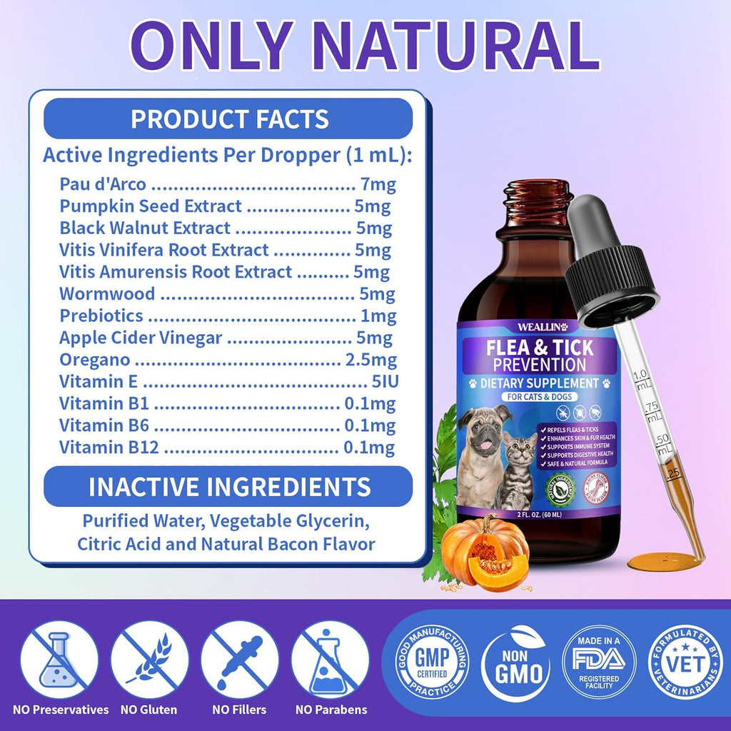 Bacon flavored flea and tick defense oral liquid with customizable dropper tool.