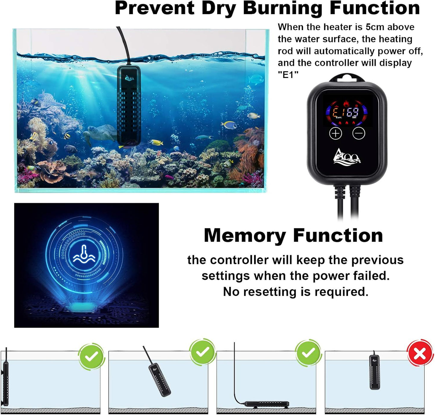 AQQA fish tank heater external controller unit with mounting hook