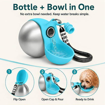 Compact blue pet water bottle with carrying rope for hiking