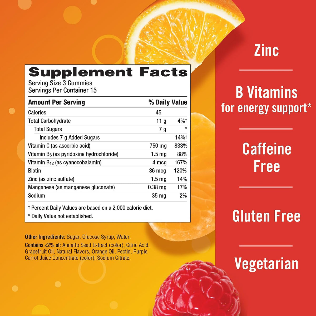 Nutritional information and ingredient details on gummy bottle