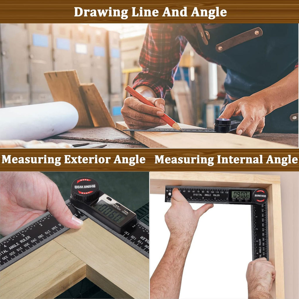 TBVHOMM digital protractor executing an external angle measurement on a workshop table