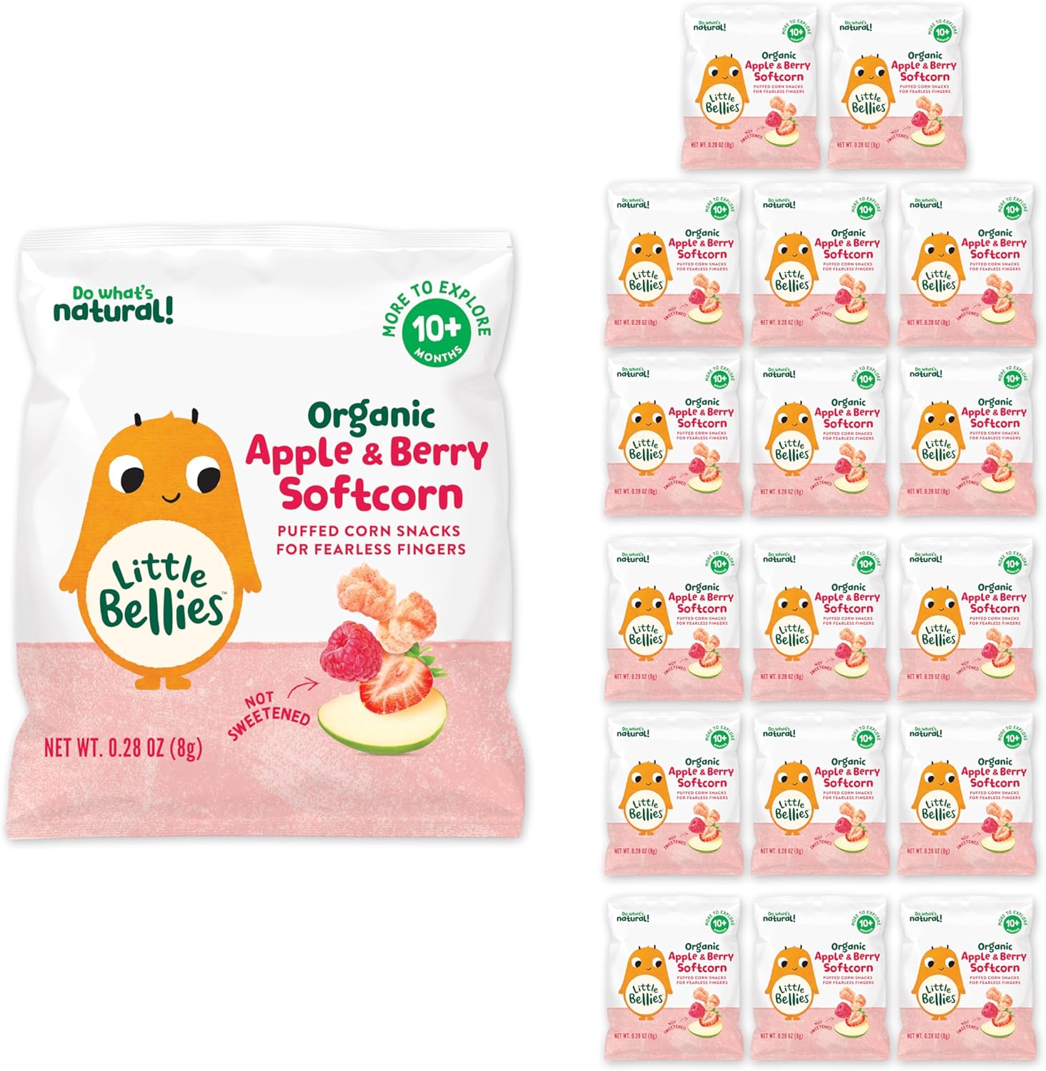 Little Bellies Organic Apple and Berry Softcorn baby snack package front view