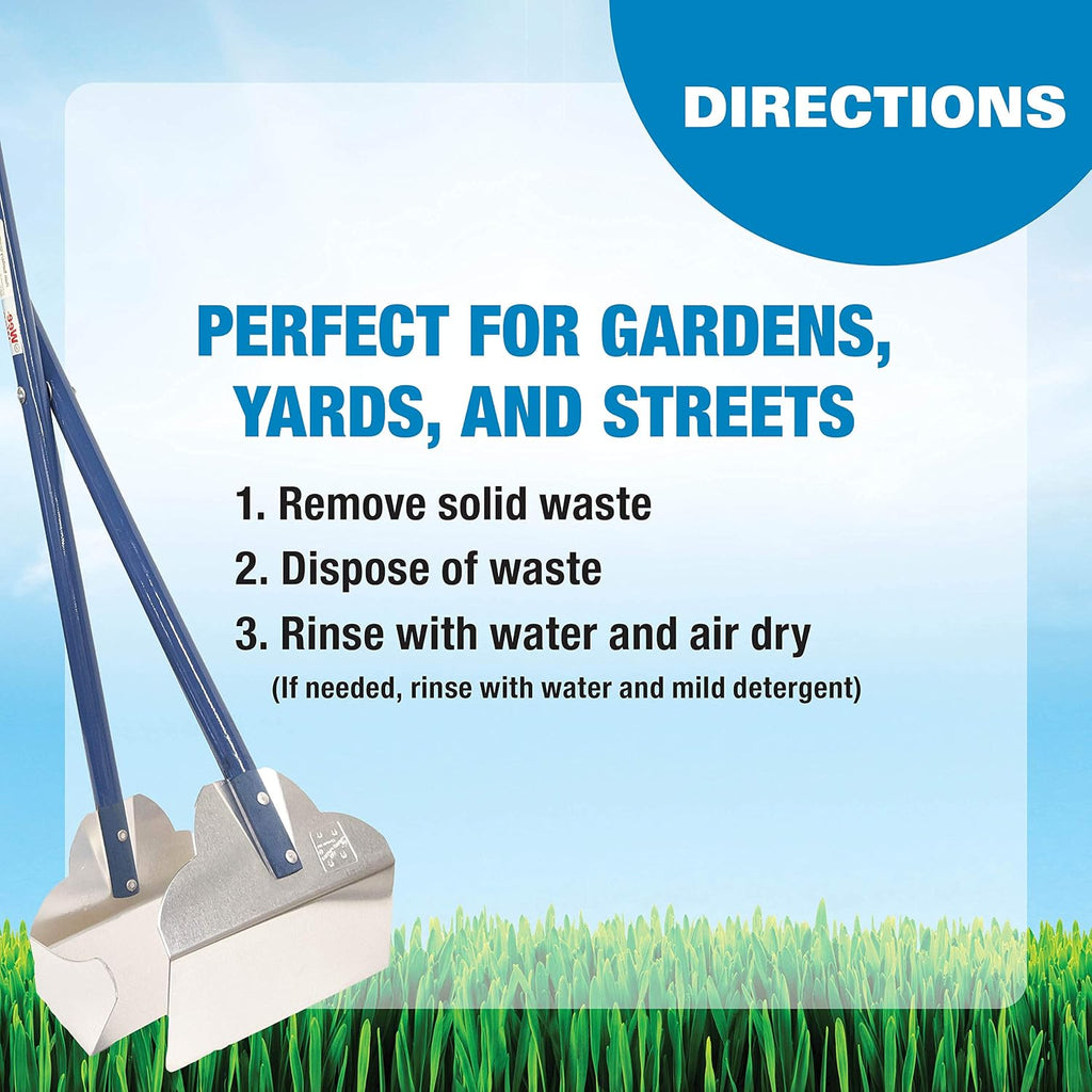 Four Paws yard cleaning rake and pan standing upright in a garden setting.