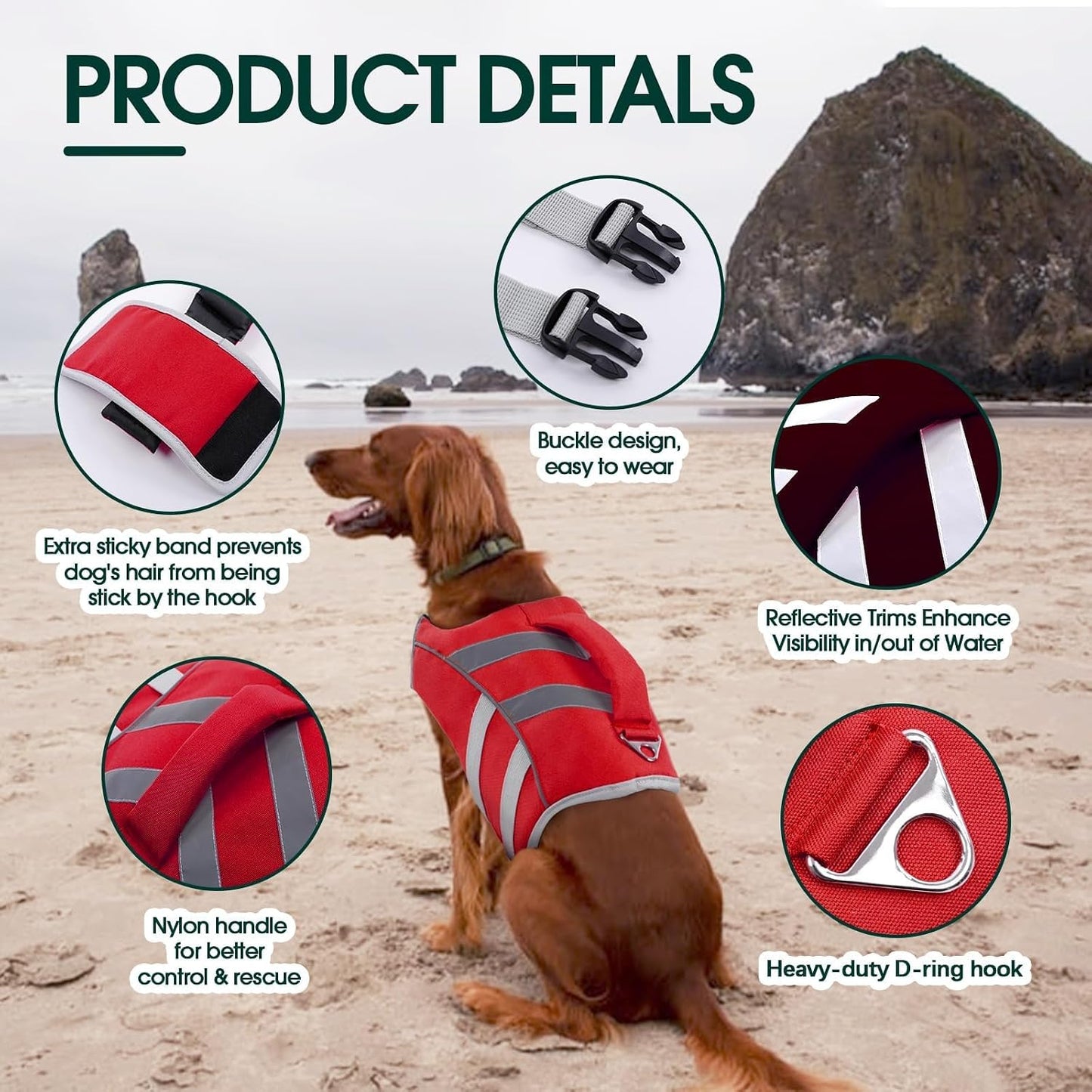 Kuoser high flotation dog swimsuit showing the durable metal leash attachment D ring