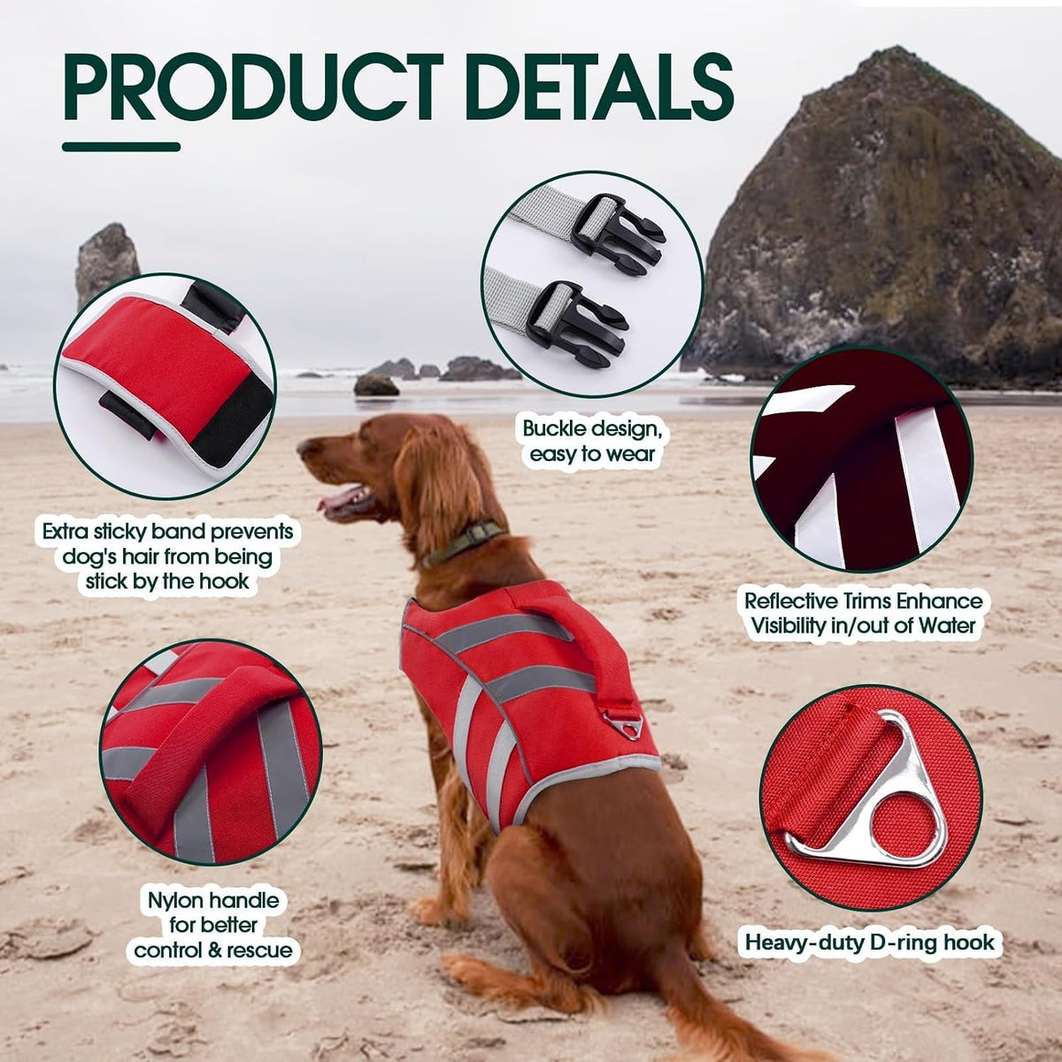 Kuoser high flotation dog swimsuit showing the durable metal leash attachment D ring