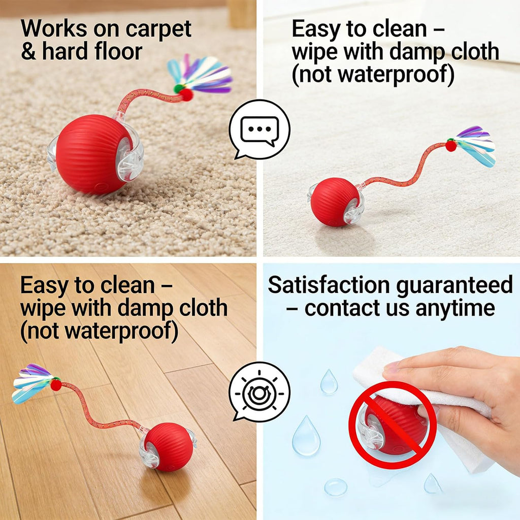 Cat pouncing on red interactive toy ball with mesh tail