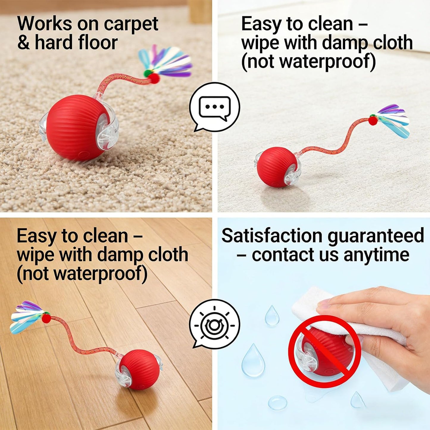 Cat pouncing on red interactive toy ball with mesh tail