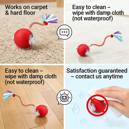 Cat pouncing on red interactive toy ball with mesh tail