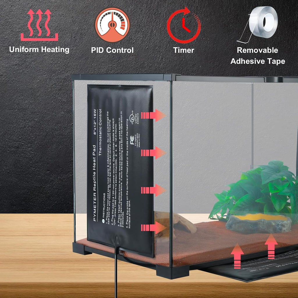 Black reptile heat mat connected to temperature probe