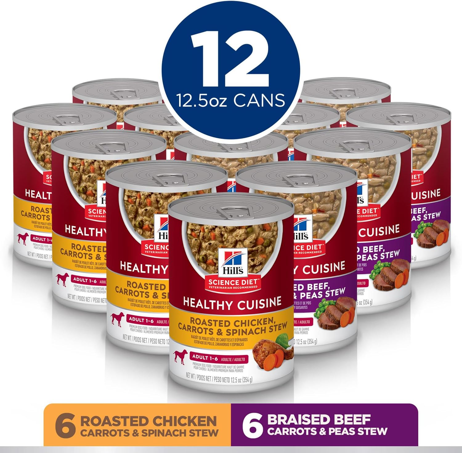 Adult dog food 12.5 Ounce cans showing real chicken and beef ingredients.