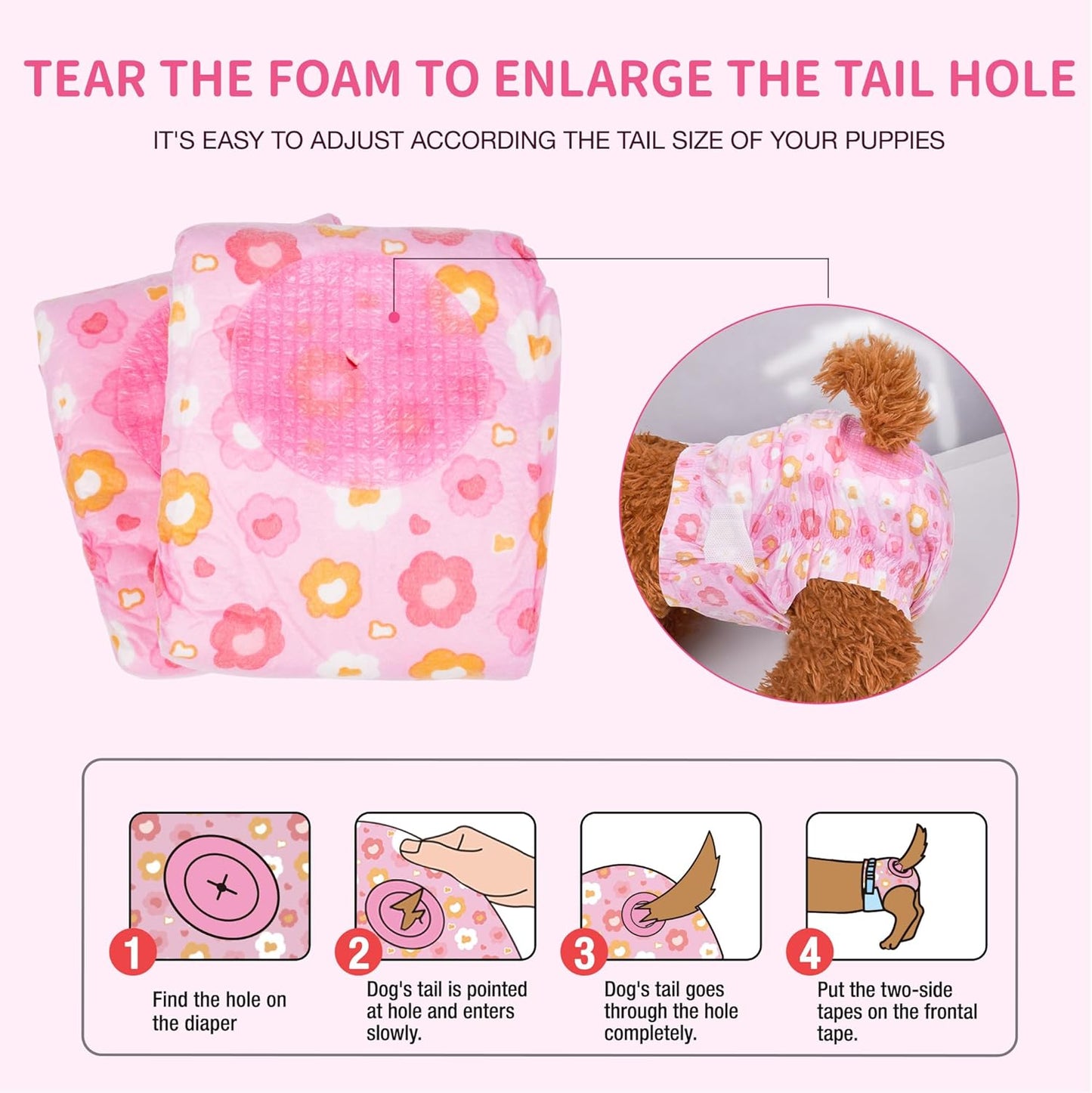 Disposable female pet diaper showing adjustable foam tail hole