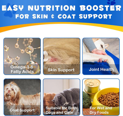 Natural omega three fatty acid supplement mixed into dry dog kibble.