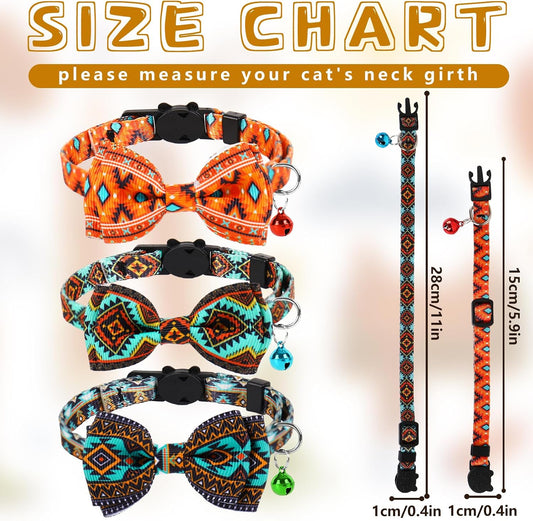 Three distinct Western pattern kitten collars with removable bow ties arranged neatly in a row.