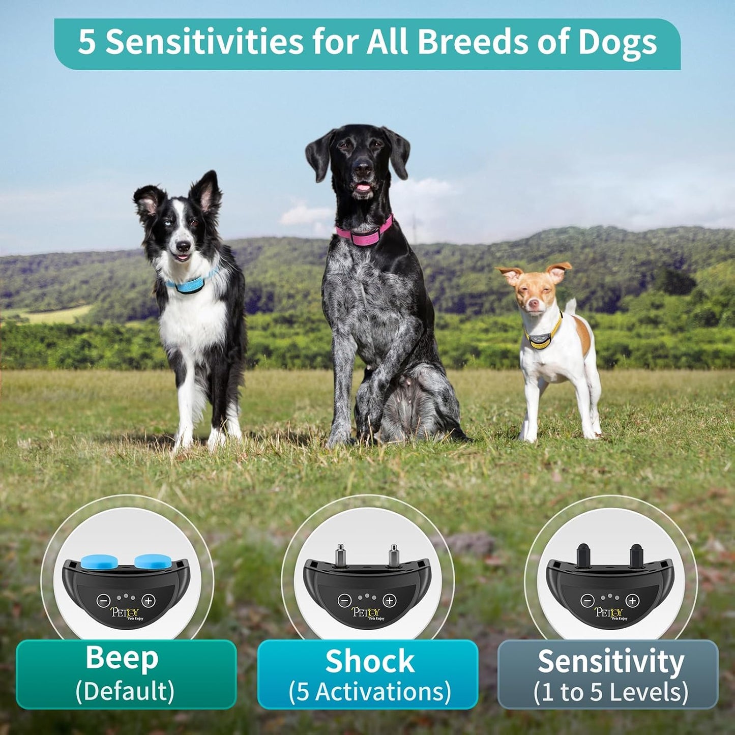 PetJoy automatic bark collar featuring 5 sensitivity levels