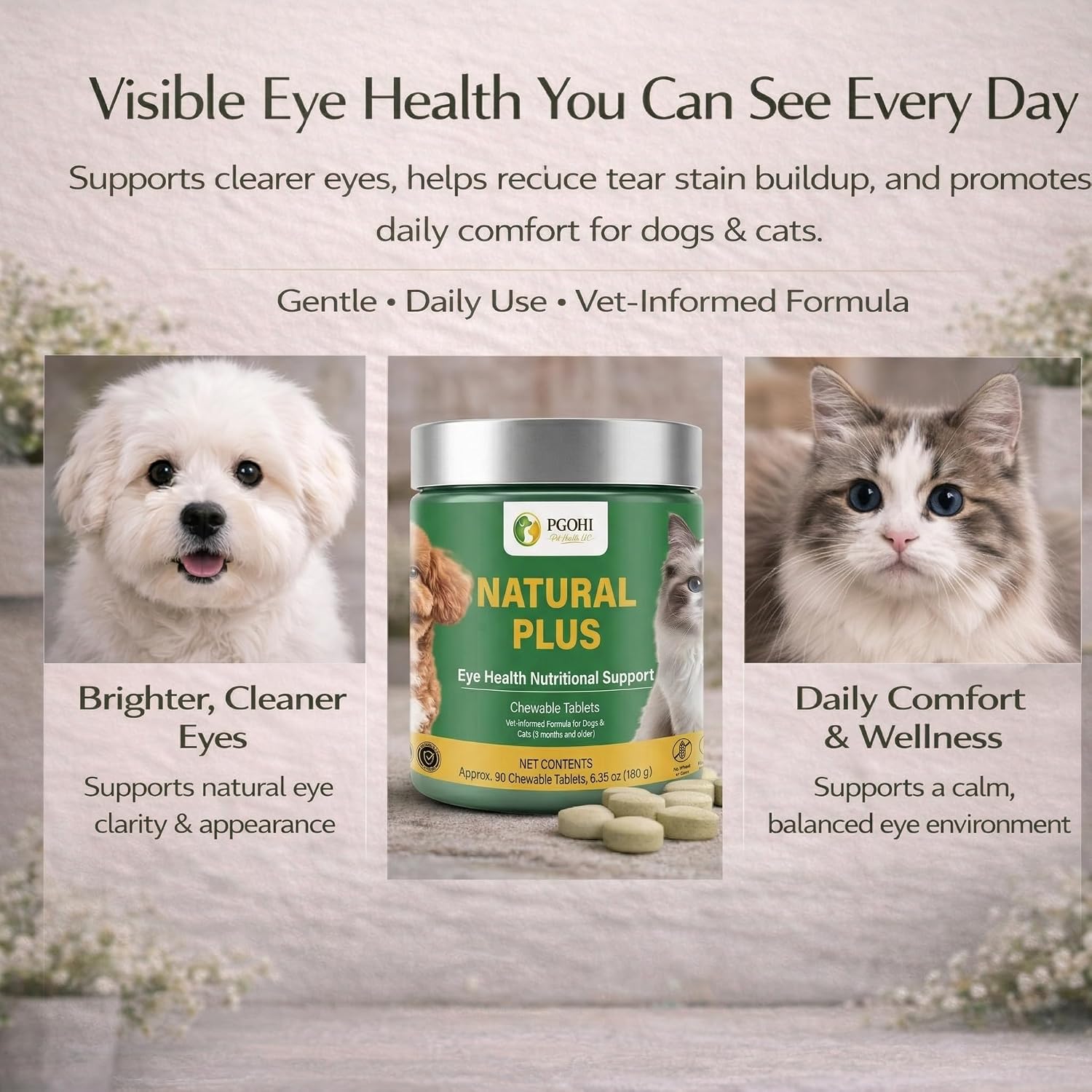 Side view of PGOHI Natural Plus tear stain support supplement for pets.