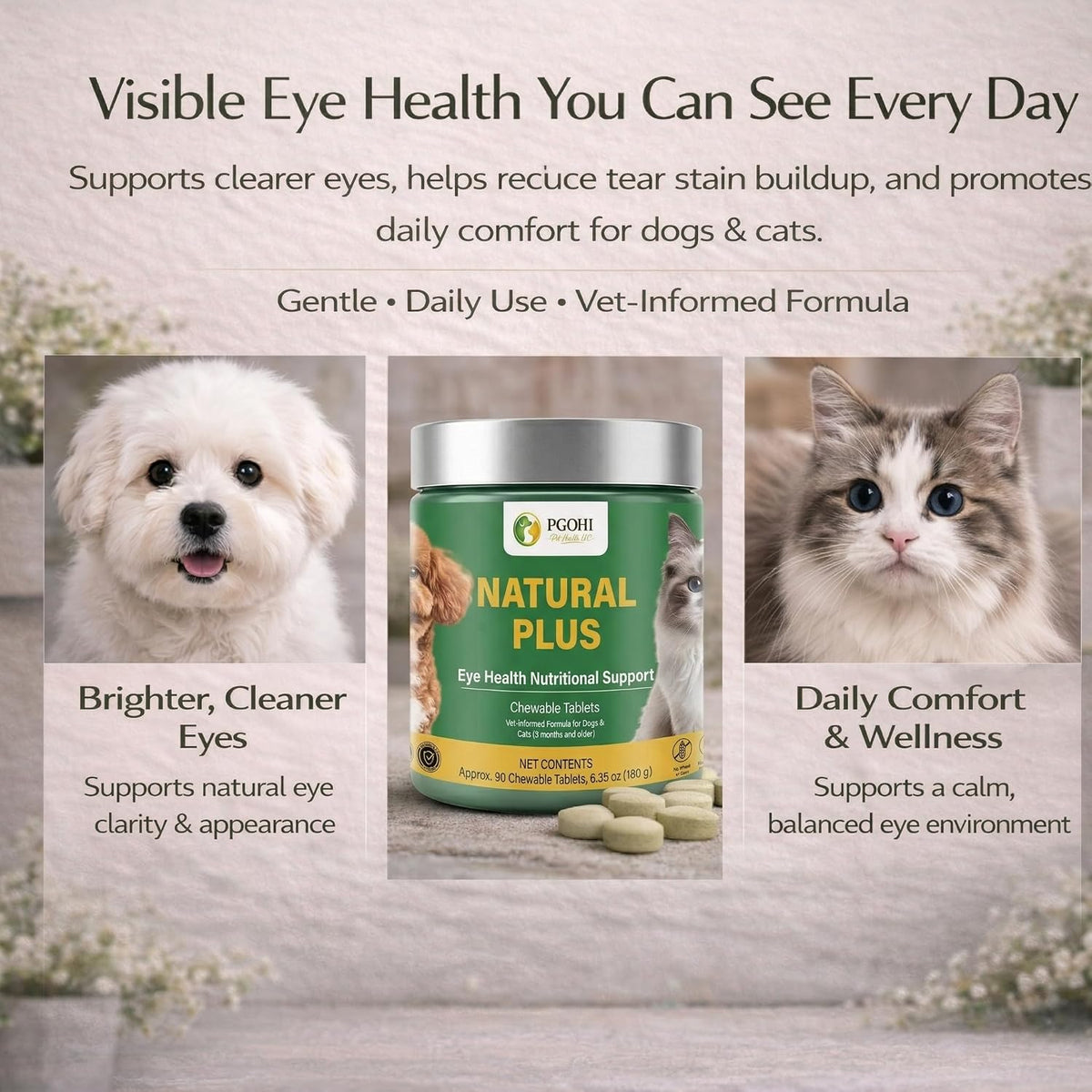 Side view of PGOHI Natural Plus tear stain support supplement for pets.