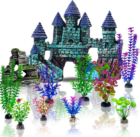 Mechpia 13 Pieces Aquarium Decorations Kit front view showcasing the complete blue castle and plant setup.