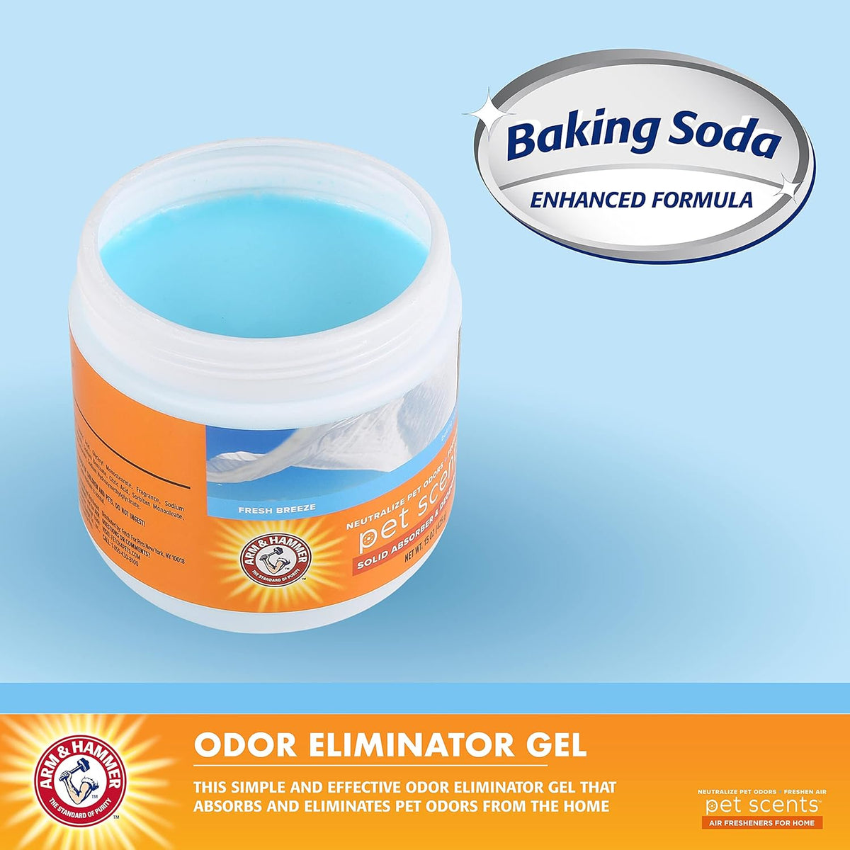 Arm And Hammer solid baking soda gel deodorizer Fresh Breeze scent packaging detailing