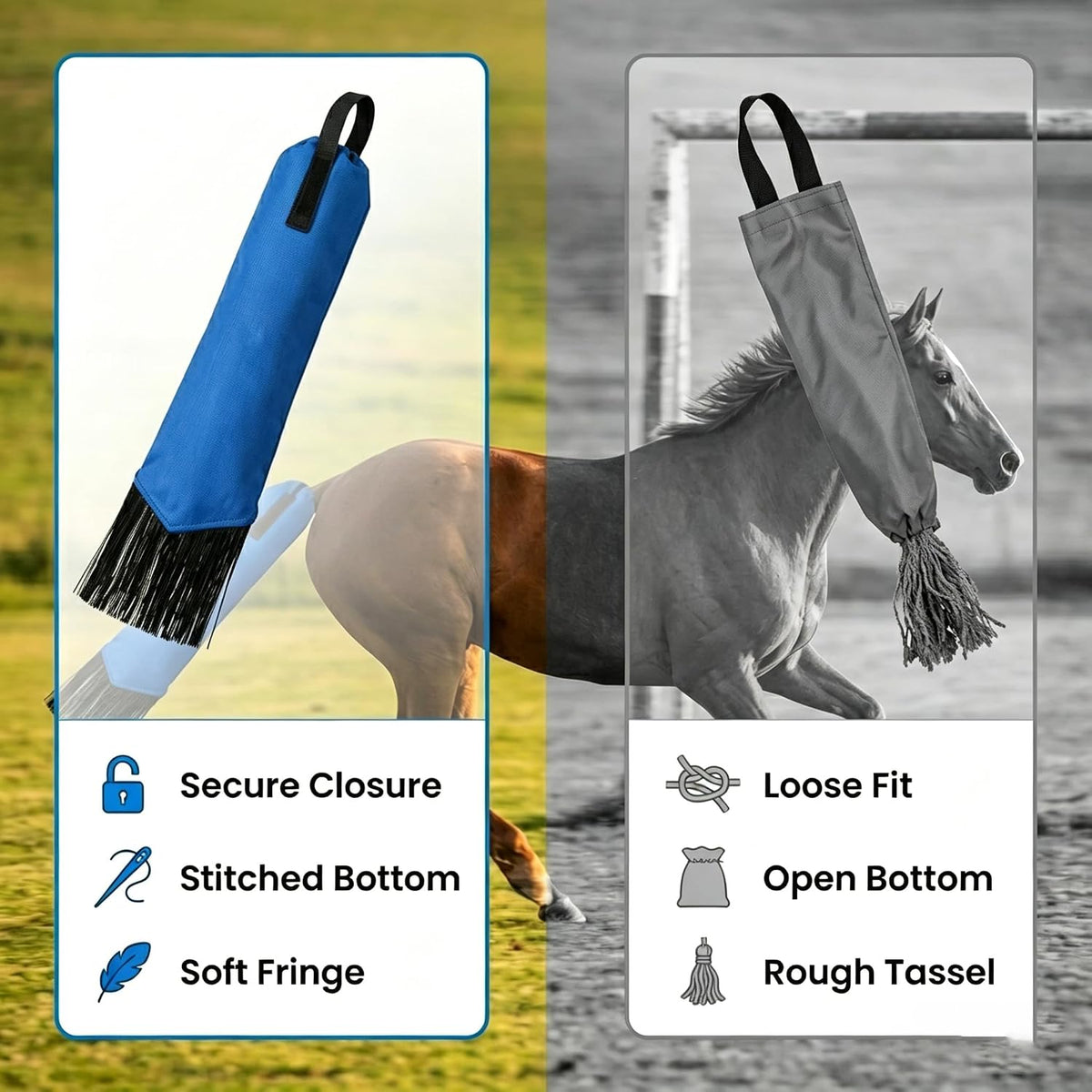 Adjustable equine tail wrap bag demonstrating the secure hook and loop closure design.