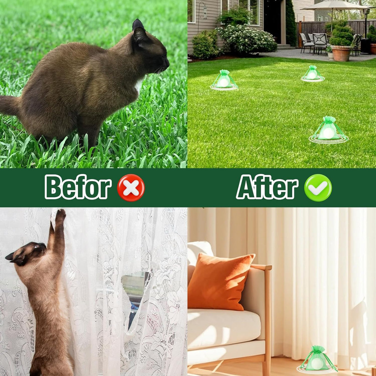 Telunsu outdoor cat repellent balls hung near patio furniture to stop feline scratching
