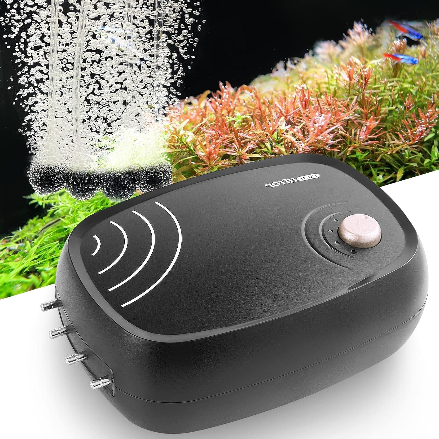 Hitop 10W 4-Outlet Aquarium Air Pump front view showing adjustment knobs